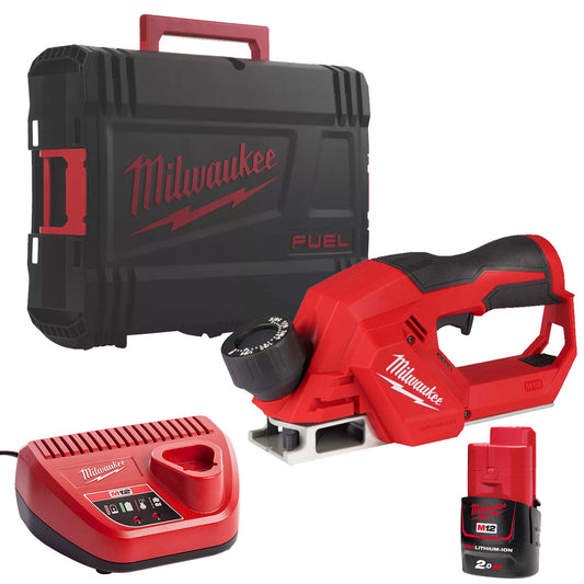 Milwaukee M12BLP-0X 12V Brushless 56mm Planer HD Box with 1 x 2.0Ah Battery & Charger