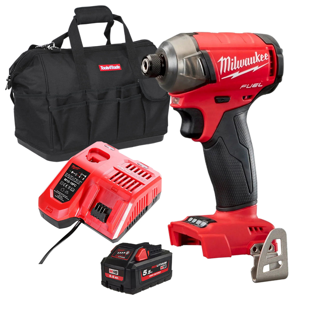 Milwaukee M18FQID-0 18V 1/4" Fuel Brushless Impact Driver with 1 x 5.5Ah Battery Charger & Bag