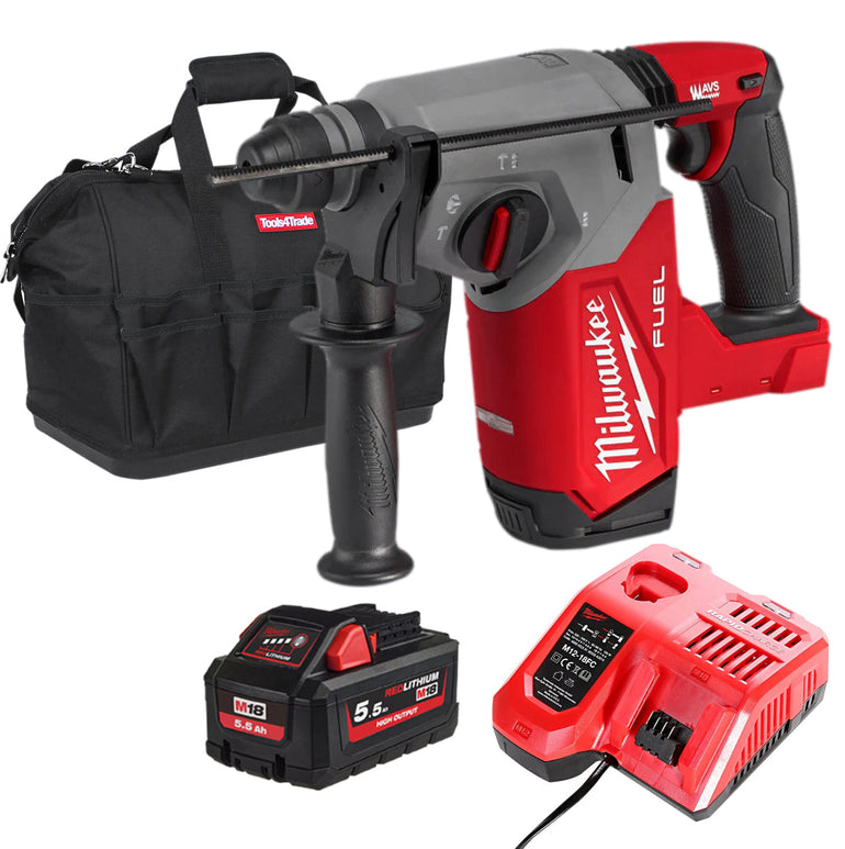 Milwaukee M18FH-0 18V Fuel 4-Mode SDS+ Brushless Hammer Drill with 1 x 5.5Ah Battery Charger & Bag