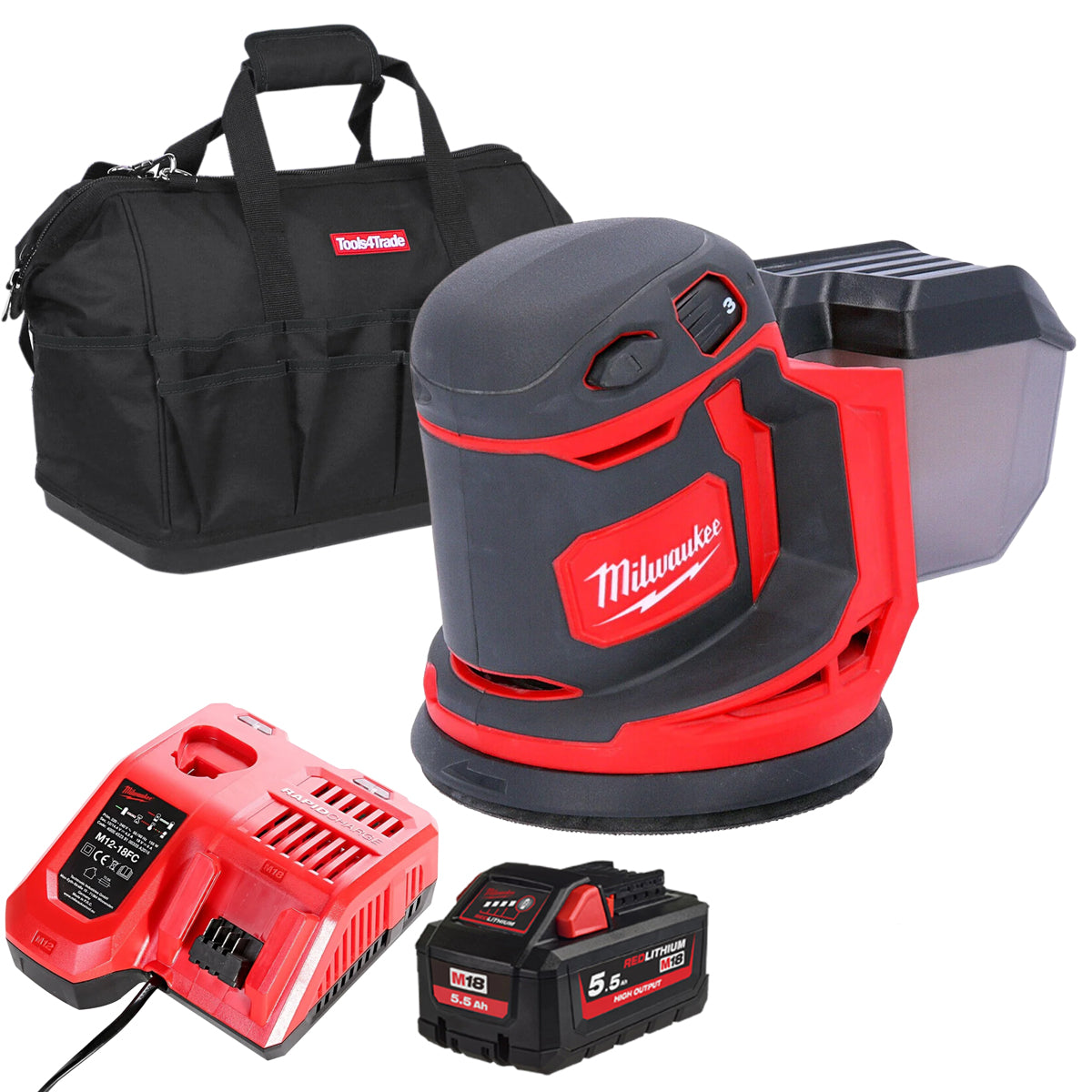 Milwaukee M18BOS125-0 18V 125mm Random Orbital Sander with 1 x 5.5Ah Battery Charger & Bag