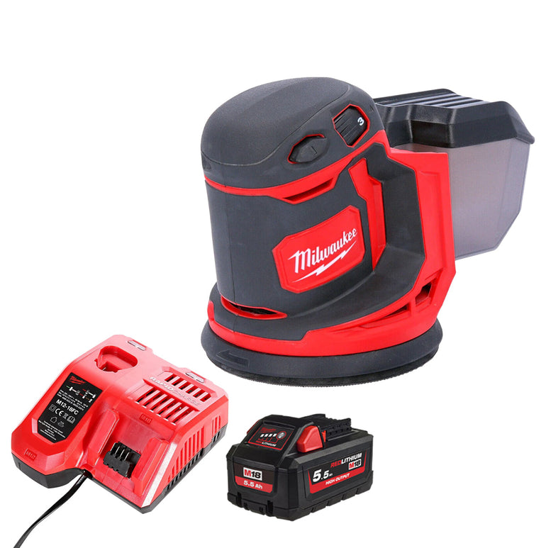 Milwaukee M18BOS125-0 18V 125mm Random Orbital Sander with 1 x 5.5Ah Battery & Charger