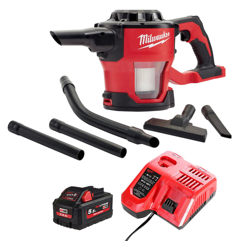 Milwaukee M18CV-0 18V Compact Hand Vacuum with 1 x 5.5Ah Battery & Charger