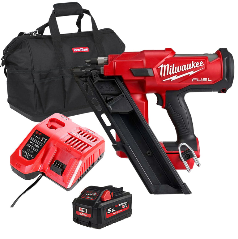 Milwaukee M18FFN-0C 18V Fuel Brushless First Fix Angled Framing Nailer with 1 x 5.5Ah Battery Charger & Bag