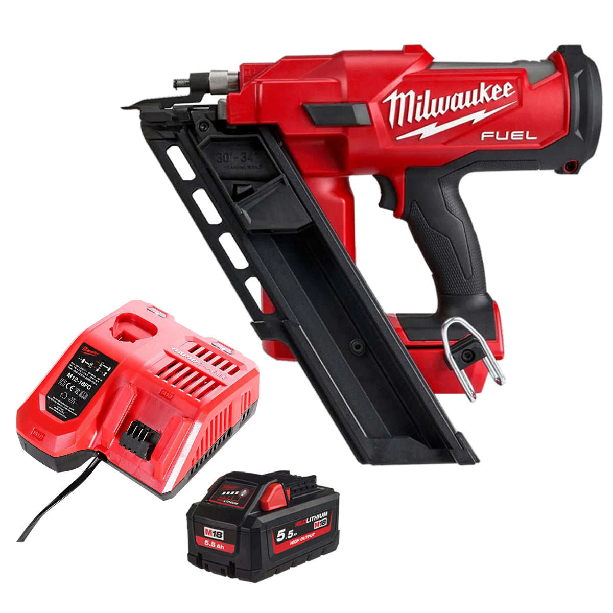 Milwaukee M18FFN-0C 18V Fuel Brushless First Fix Angled Framing Nailer with 1 x 5.5Ah Battery & Charger