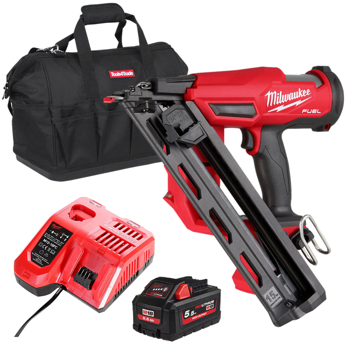 Milwaukee M18FN15GA-0 18V Brushless Angled Finish Nailer 15Ga with 1 x 5.5Ah Battery Charger & Bag