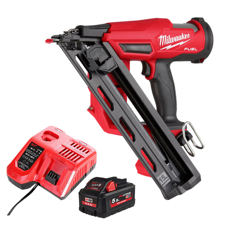 Milwaukee M18FN15GA-0 18V Brushless Angled Finish Nailer 15Ga with 1 x 5.5Ah Battery & Charger