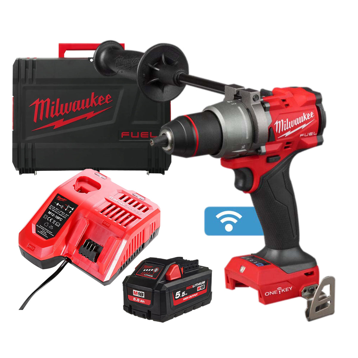 Milwaukee M18ONEPD3-0X 18V FUEL ONE-KEY Brushless Combi Drill with 1 x 5.5Ah Battery Charger & Case