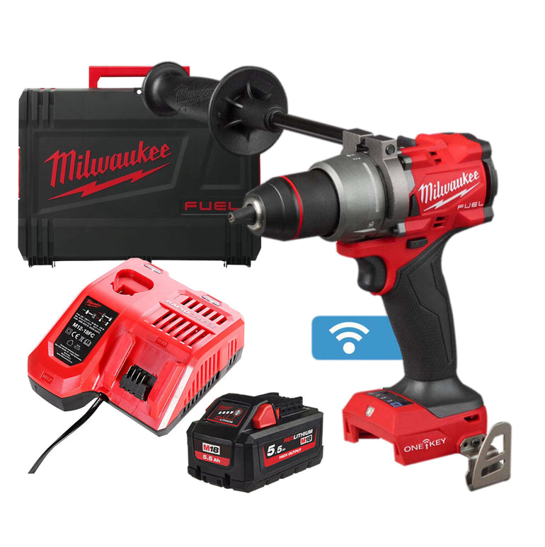 Milwaukee M18ONEPD3-0X 18V FUEL ONE-KEY Brushless Combi Drill with 1 x 5.5Ah Battery Charger & Case