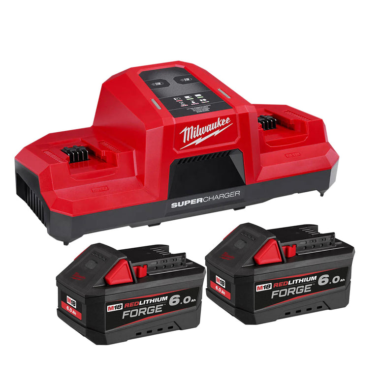 Milwaukee 2 x M18FB6 18V 6.0Ah FORGE RedLithium-Ion Battery with Dual Bay Super Charger