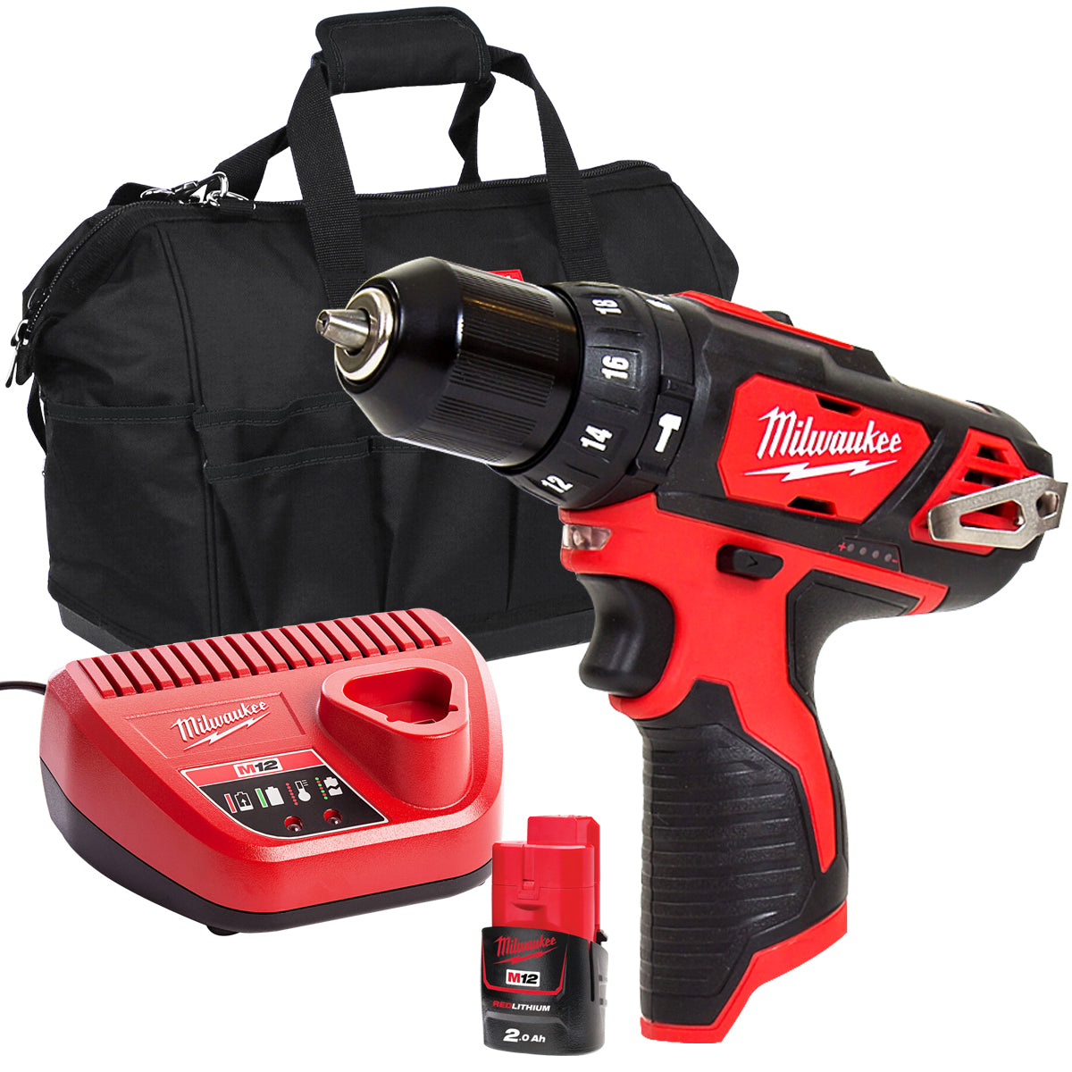 Milwaukee M12BPD-0 12V Combi Hammer Drill with 1 x 2.0Ah Battery Charger & Bag