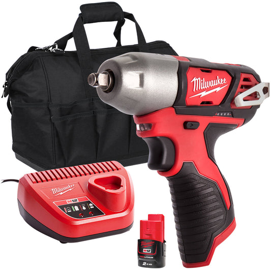 Milwaukee M12 BIW38-0 12V 3/8'' Impact Wrench with 1 x 2.0Ah Battery Charger & Bag