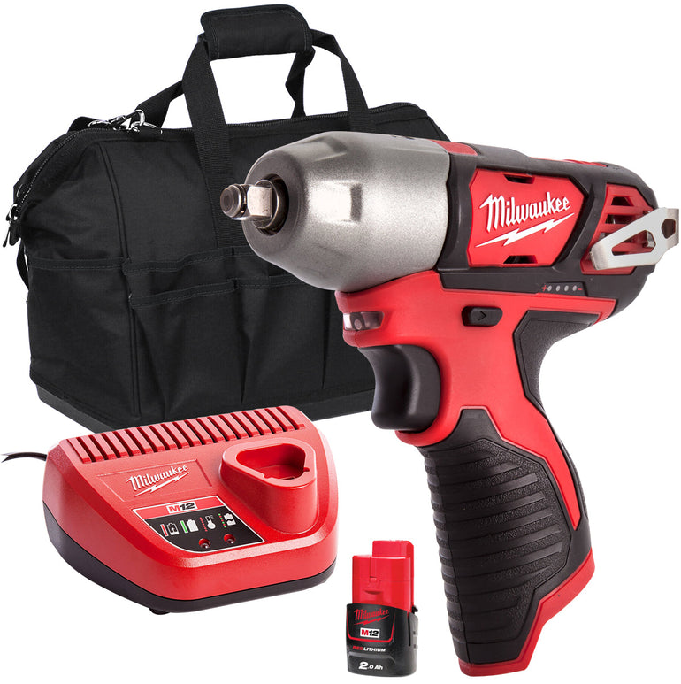 Milwaukee M12 BIW38-0 12V 3/8'' Impact Wrench with 1 x 2.0Ah Battery Charger & Bag