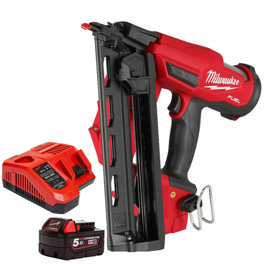 Milwaukee M18FN16GA-0X 18V 16G Angled Finish Nailer with 1 x 5.0Ah Battery & Charger