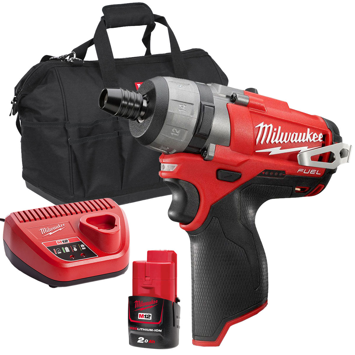 Milwaukee M12CD-0C 12V Fuel Brushless Sub Compact Driver with 1 x 2.0Ah Battery Charger & Bag