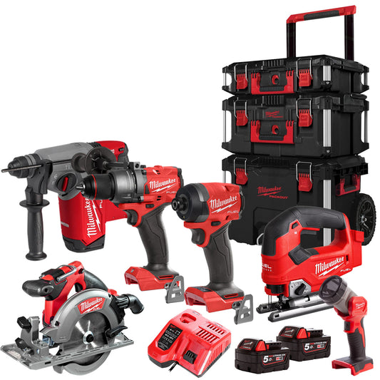 Milwaukee 18V Fuel Brushless 6 Piece Power Tool Kit With 2 x 5.0Ah Battery Charger & Trolley Toolbox