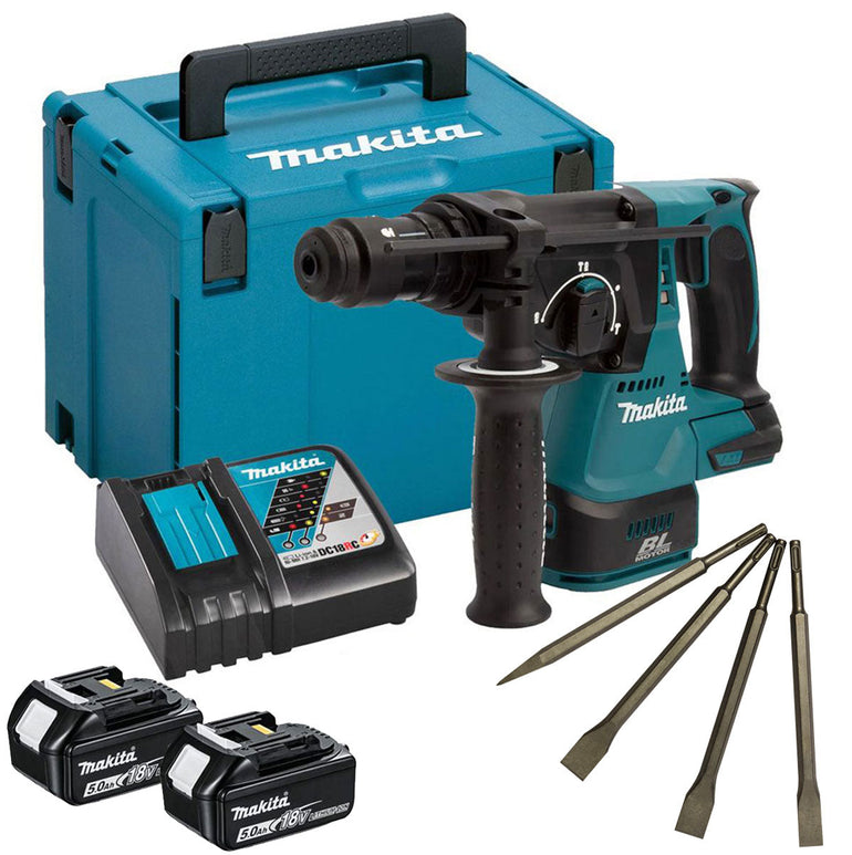 Makita DHR243RTJ 18V Brushless SDS+ Rotary Hammer Drill With 2 x 5.0Ah Battery, Charger & 4 Piece Chisel