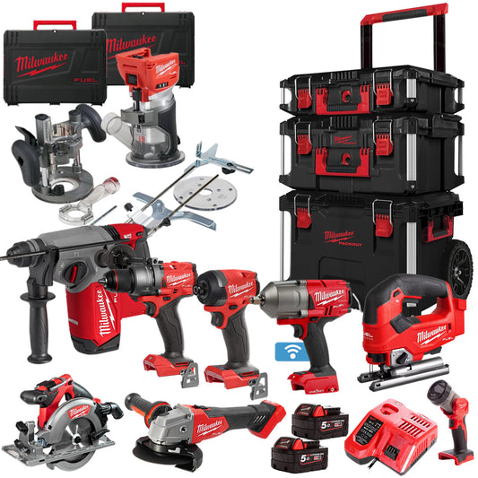 Milwaukee 18V Fuel Brushless 9 Piece Power Tool Kit With 2 x 5.0Ah Battery Charger & Trolley Toolbox