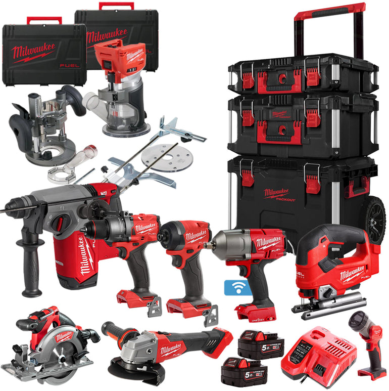 Milwaukee 18V Fuel Brushless 9 Piece Power Tool Kit With 2 x 5.0Ah Battery Charger & Trolley Toolbox