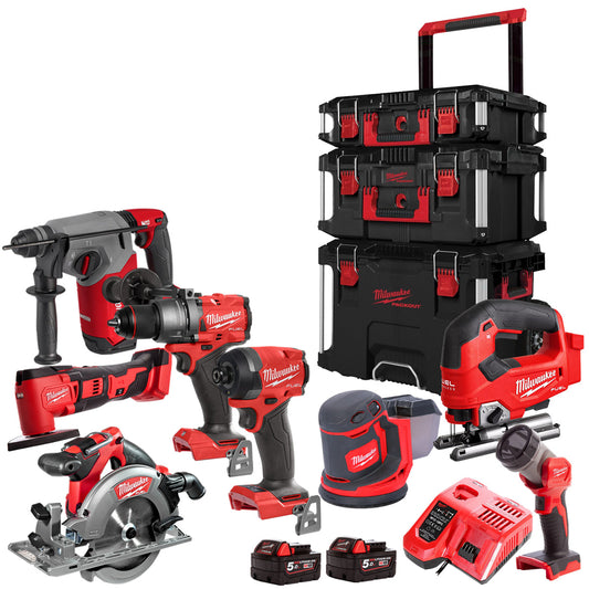 Milwaukee 18V 8 Piece Power Tool Kit With 2 x 5.0Ah Battery Charger & Trolley Toolbox