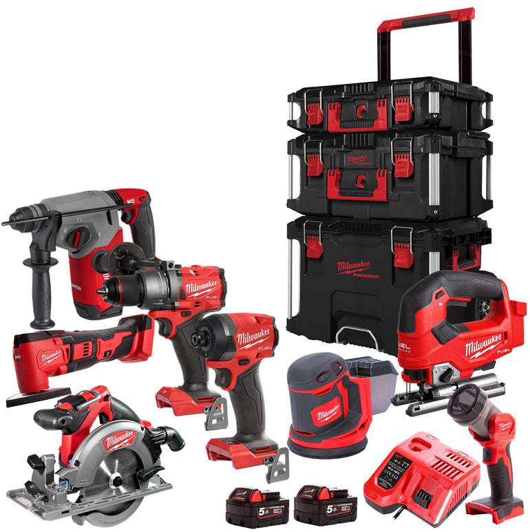 Milwaukee 18V 8 Piece Power Tool Kit With 2 x 5.0Ah Battery Charger & Trolley Toolbox