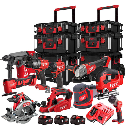 Milwaukee 18V 10 Piece Power Tool Kit With 3 x 5.0Ah Battery Charger & Trolley Toolbox