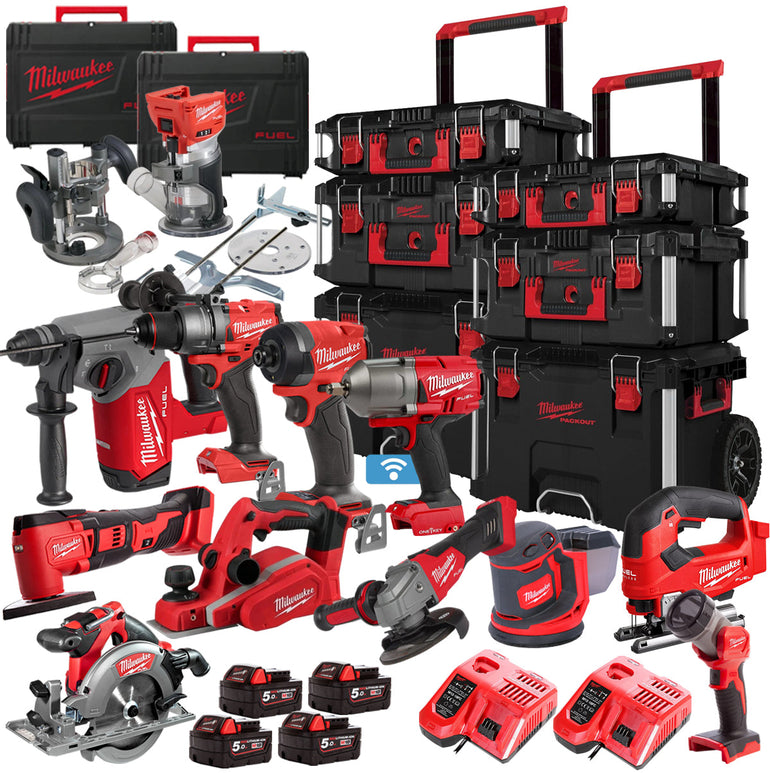 Milwaukee 18V 12 Piece Power Tool Kit With 4 x 5.0Ah Battery Charger & Trolley Toolbox