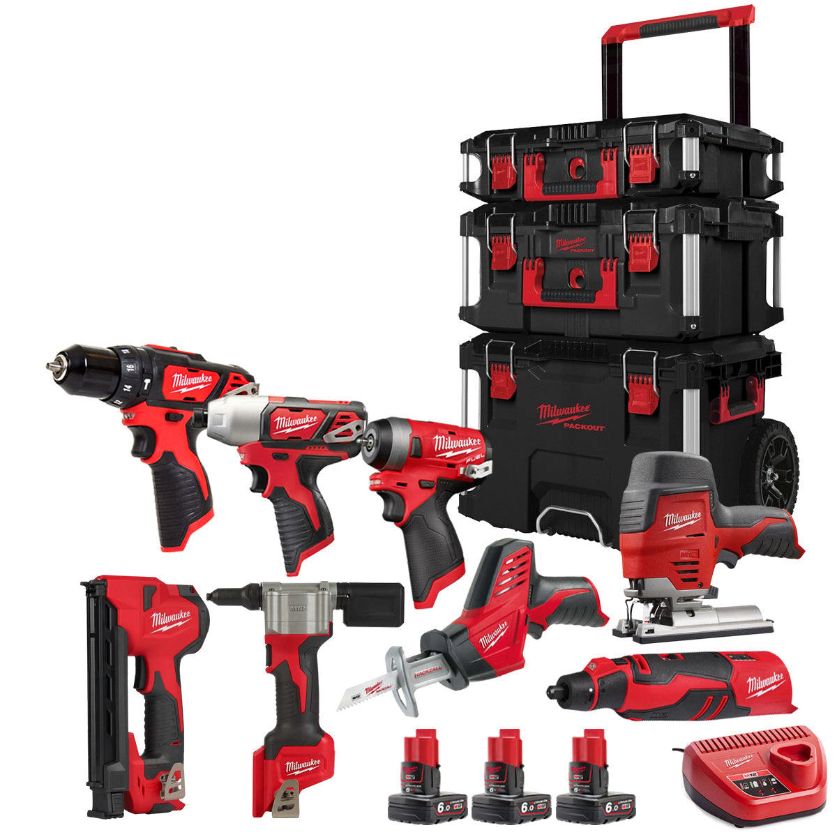 Milwaukee 12V 8 Piece Power Tool Kit With 3 x 6.0Ah Battery Charger & Trolley Toolbox