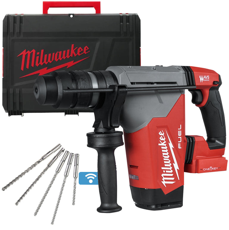 Milwaukee 18V M18ONEFHPX-0X Fuel Brushless SDS Plus Hammer Drill with 5 Piece Drill Bit Set