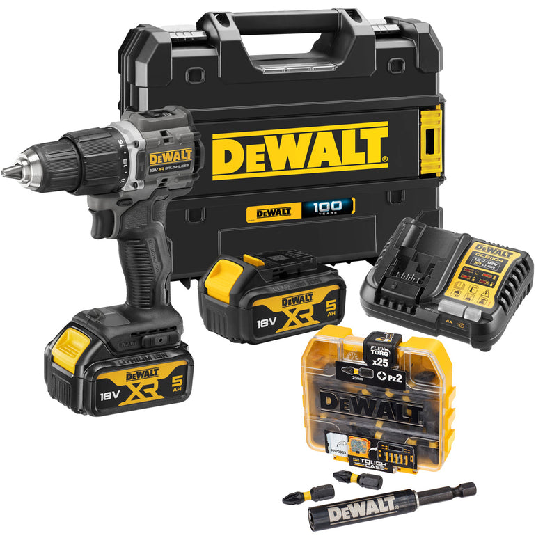 Dewalt DCD100P2T-GB 18V XR Brushless Combi Drill with 2 x 5.0Ah Batteries, Charger, TSTAK Case & Bit Set 25 Piece