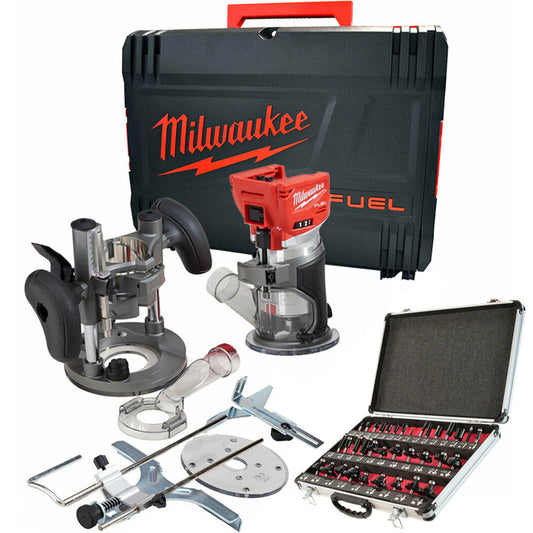 Milwaukee M18FTR-0 18V Brushless Trim Router in Case + 1/4" 35 Piece Cutter Set