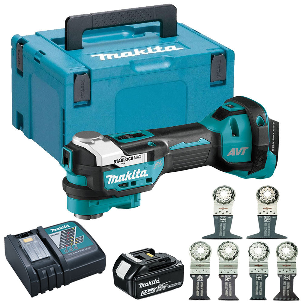 Makita DTM52Z 18V Brushless Multi Tool With 1 x 5.0Ah Battery Charger Case & 6 Piece Accessories Set