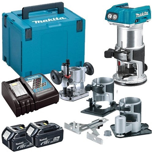 Makita DRT50ZJX3 18V Brushless Router Trimmer With Extra Bases + 2 x 5.0Ah Batteries & Charger In Case