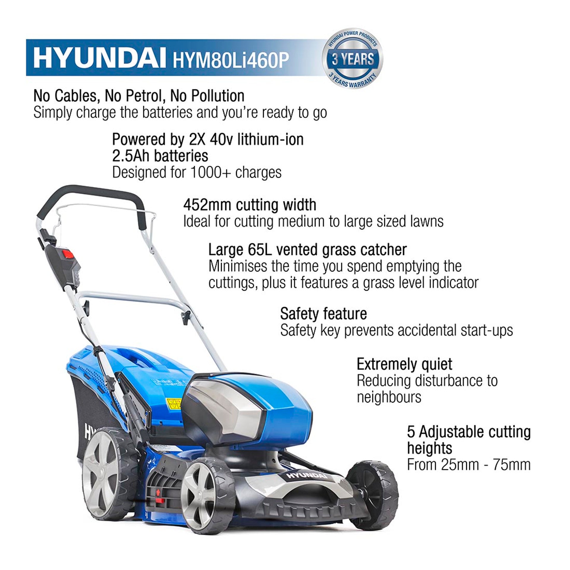 Hyundai HYM80LI460P 80V Brushless 45cm Lawn Mower with Battery and Charger