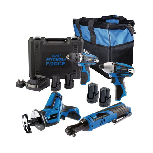 Draper PTK12V4+4 12V Power Tool 4 Piece Kit with 4 x 1.5Ah Batteries, 1 X Fast Charger & Bag 91032