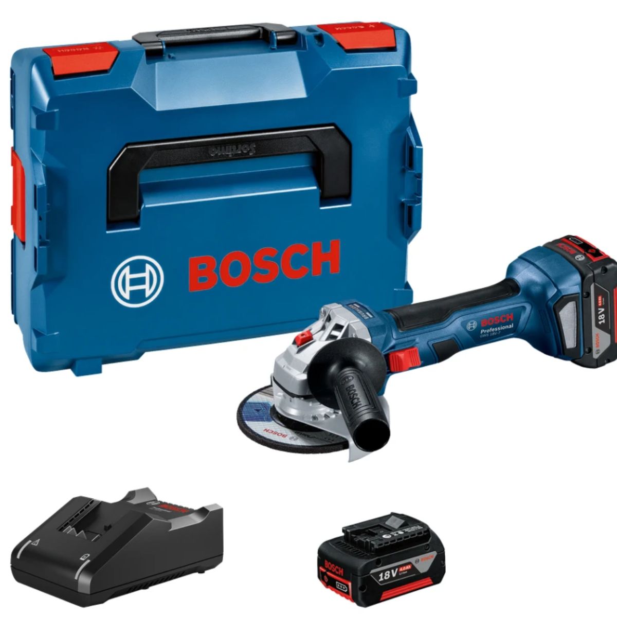 Bosch GWS18V7115KIT 18V Brushless 115mm Angle Grinder with 2 x 4.0Ah Batteries & Charger in L-Boxx