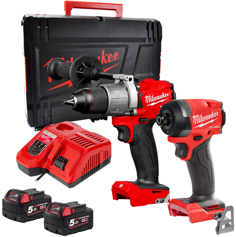 Milwaukee M18FPP2A3-502X 18V Fuel Combi Drill + Impact Driver with 2 x 5.0Ah Battery Charger & Case 4933480876