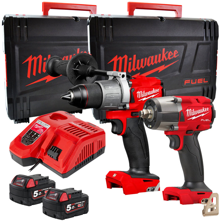 Milwaukee M18FPP2F3-502X 18V Fuel Combi Drill + Impact Wrench with 2 x 5.0Ah Battery Charger & Case 4933492641