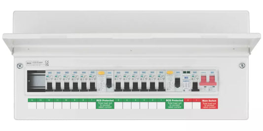 BRITISH GENERAL FORTRESS 22-MODULE 12-WAY POPULATED HIGH INTEGRITY DUAL RCD CONSUMER UNIT WITH SPD