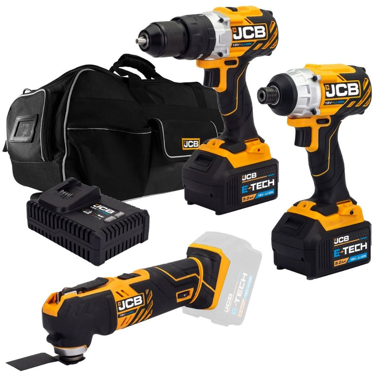 JCB21-18TPKMT-5 18V Brushless Combi Drill, Impact Driver & Multi Tool Kit with 2 x 5.0ah Batteries, Charger & Bag