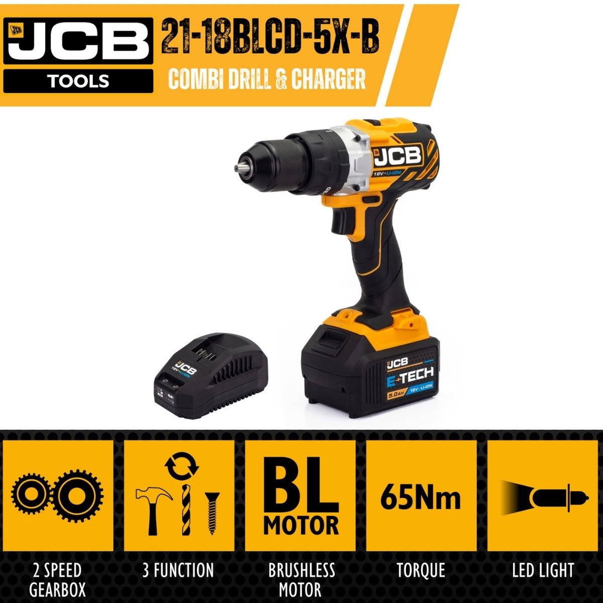 JCB 18BLCD-5X-B 18V Brushless Combi Drill with 1 x 5.0ah battery and charger