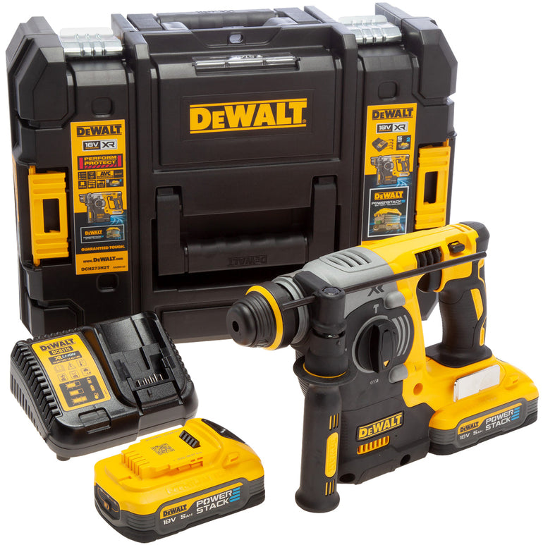 Dewalt DCH273H2T 18V XR Brushless SDS+ Hammer Drill with 2 x 5.0Ah Powerstack Batteries, Charger & TSTAK Case