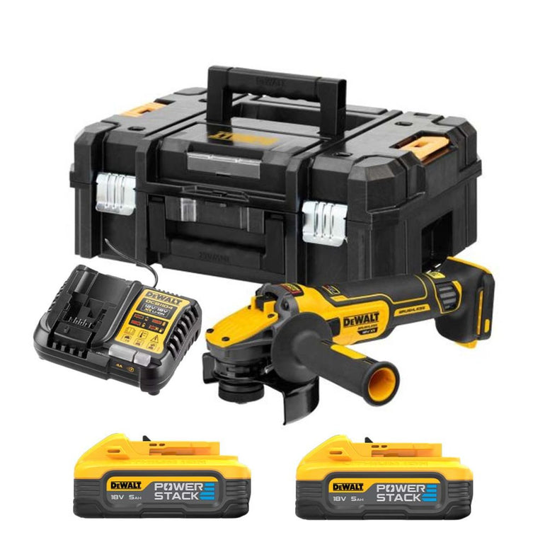 Dewalt DCG409H2T 18V XR Brushless 125mm Grinder with 2 x 5.0Ah Powerstack Batteries, Charger & TSTAK Case