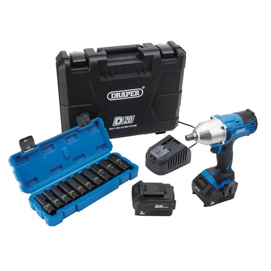 Draper PTKD20/OCT2 20V Impact Wrench Kit 1/2" Sq & Metric Deep Impact Socket Set 10 Pes 04791