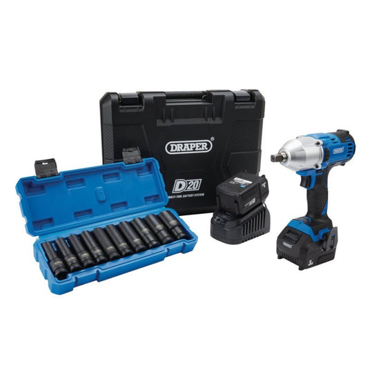 Draper PTKD20/OCT2 20V Impact Wrench Kit 1/2" Sq & Metric Deep Impact Socket Set 10 Pes 04791