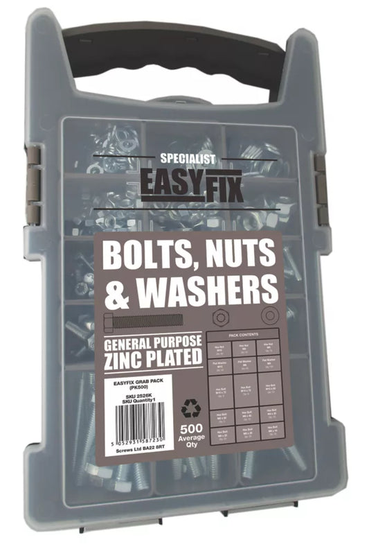 EASYFIX BRIGHT ZINC-PLATED MIXED BOLTS, NUTS & WASHERS PACK 500 PIECE SET (2526K)