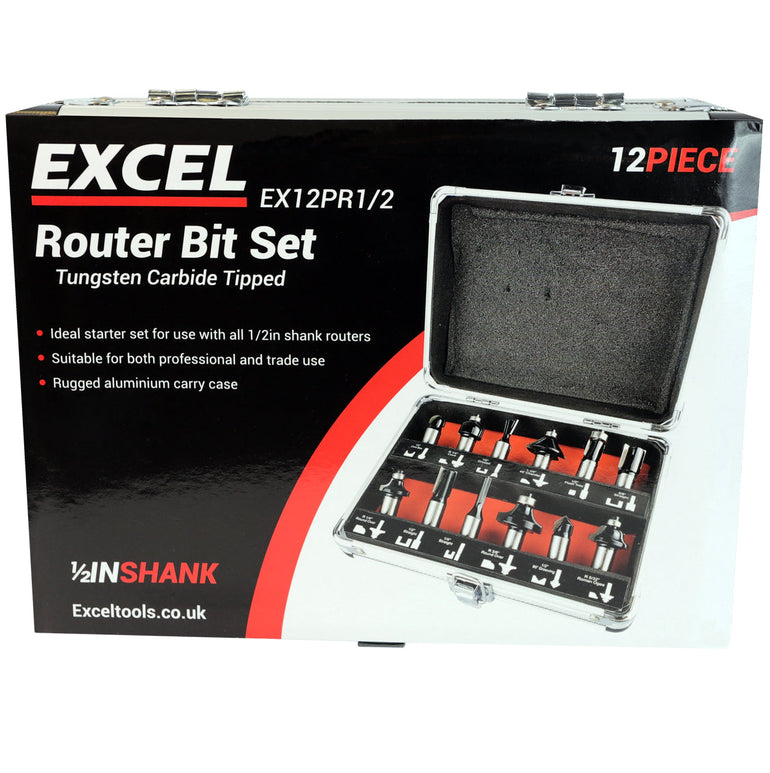 Excel 1/2in Shank TCT Router Cutter Bit 12 Piece Set