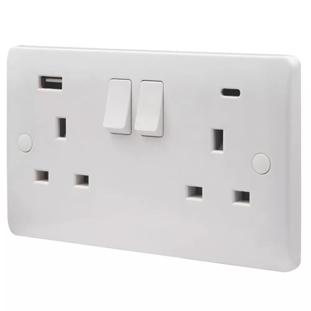 VIMARK PRO 13A 2-GANG SP SWITCHED SOCKET + 4.8A 10.5W 2-OUTLET TYPE A & C USB CHARGER WHITE