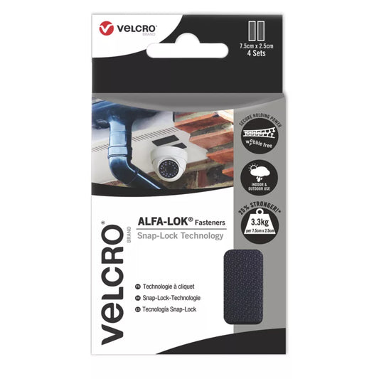 VELCRO BRAND ALFA-LOK BLACK HOOK-TO-HOOK FASTENER 75MM X 25MM 4 PACK