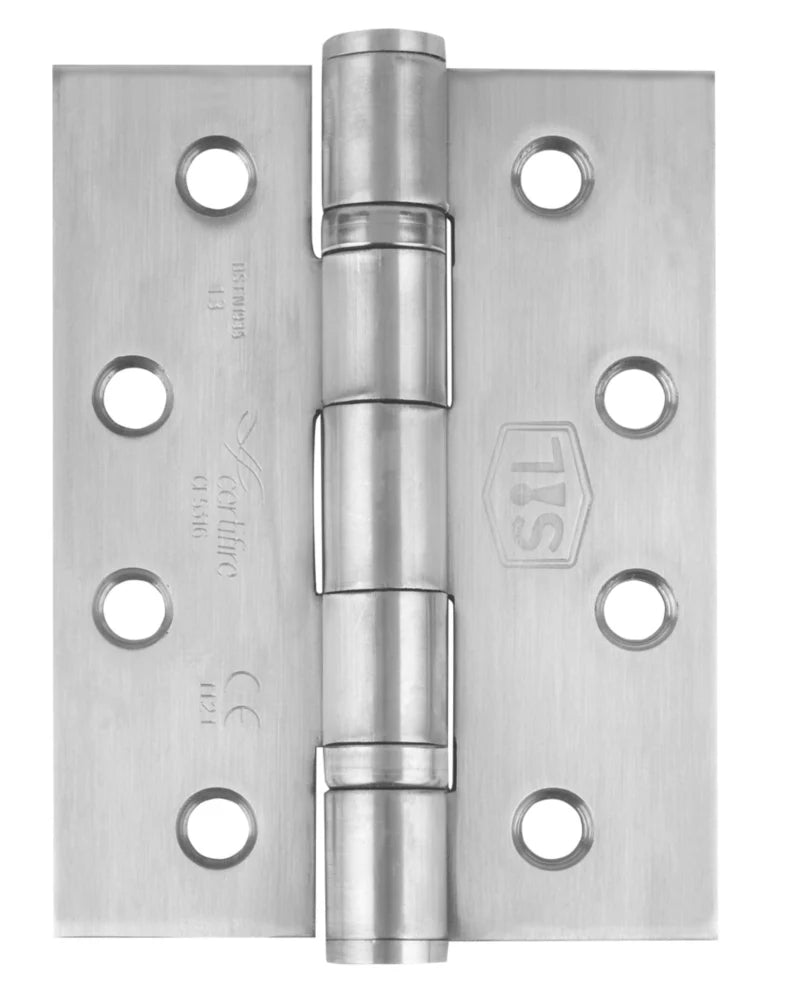 SMITH & LOCKE SATIN STAINLESS STEEL GRADE 13 FIRE RATED BALL BEARING SQUARE HINGES 102MM X 76MM 2 PACK