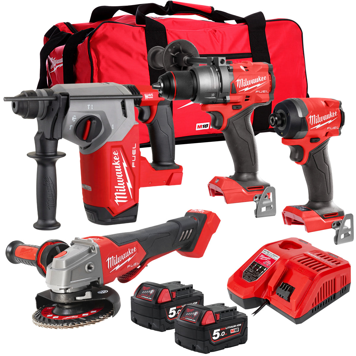 Milwaukee M18FPP4T3-553B 18V 4 Piece Tool Kit with 2 x 5.0Ah Battery & Charger